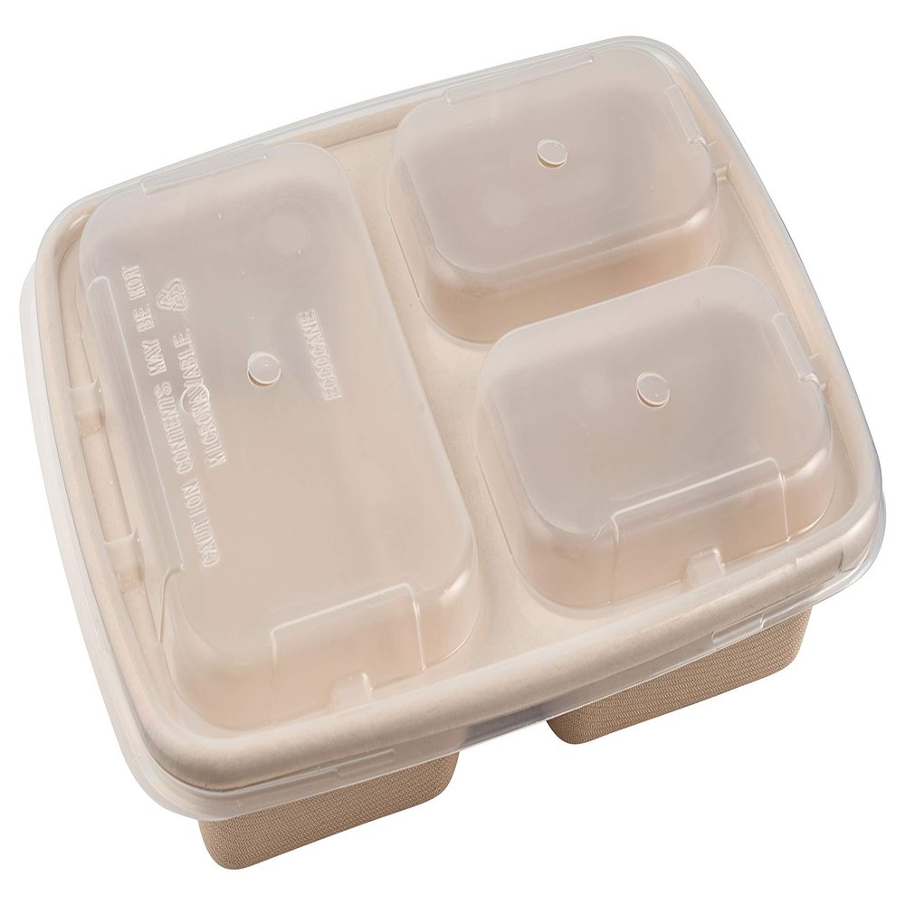 [375 Pack] 33 oz Compostable 3 Compartment Food Trays with Pulp Fiber Lids - Unbleached, Sugarcane, Plant Fiber, Heavy Duty, Microwavable, Biodegradable, Tree Free, Ecofriendly, Lunch Trays, Meal Prep