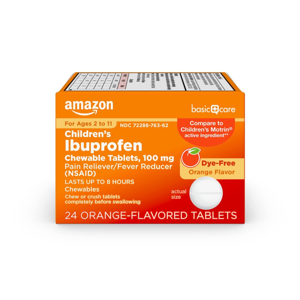 Amazon Basic Care Children's Ibuprofen Chewable Tablets 100 mg, Orange Flavor, Dye Free, Pain Reliever and Fever Reducer (NSAID), For Ages 2-11, 24 Count