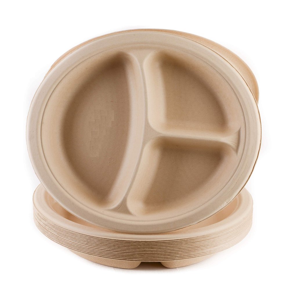EcoQuality [1000 PACK] 10 inch 3 - Compartment Round Plates - 100% Biodegradable, Compostable, Sugarcane, Wheat Straw Fiber, Bagasse - Enviormental Paper Plate, Tree Free, Sturdy
