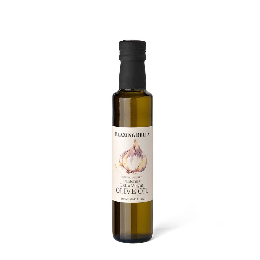 Blazing Bella Garlic Infused Extra Virgin Olive Oil Rich Fresh Garlic Flavor, Cold Pressed California Olive Oil, Perfect for Pasta, Vegetables, Bread, and Finishing 8.45 fl oz (250ml)