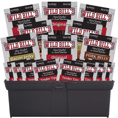 Wild Bills 16-Piece Sampler Tool Box (includes beef jerky, bacon jerky and pork belly bites)