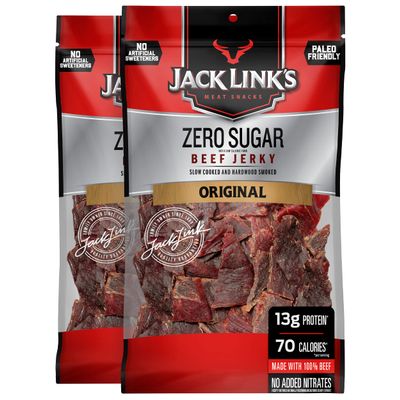 Jack Link's Original Zero Sugar Beef Jerky - (2 Pack) 7.3 oz Bag - Ready to Eat Protein Snacks - 13g Protein per Serving - Made with 100% Real Beef