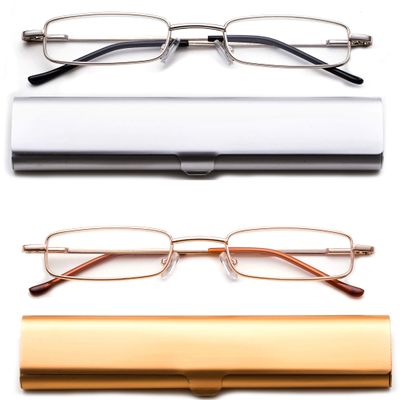 2 Pack Reading Glasses in Aluminum Case - Front Open Rectangle Metal Compact Slim Lightweight Reading Glasses 1.50