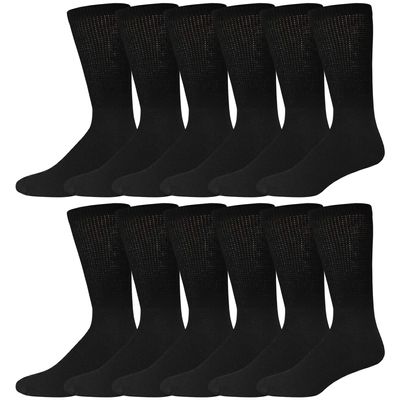 12 Pairs of Cotton Diabetic Neuropathy Crew Socks (13-16, Fits Men's Shoe Size 12-14.5, Black)