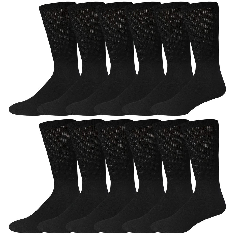 12 Pairs of Cotton Diabetic Neuropathy Crew Socks (13-16, Fits Men's Shoe Size 12-14.5, Black)