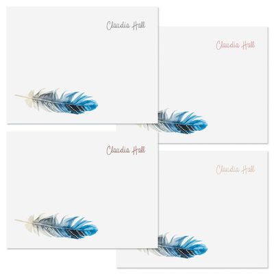 Current Boho Feather Personalized Note Cards - 24 Cards with White Envelopes, 4 x 5 Inch Size, Blank Stationery, Add Names or Text, For Thank You Notes, Invitations, & Announcements