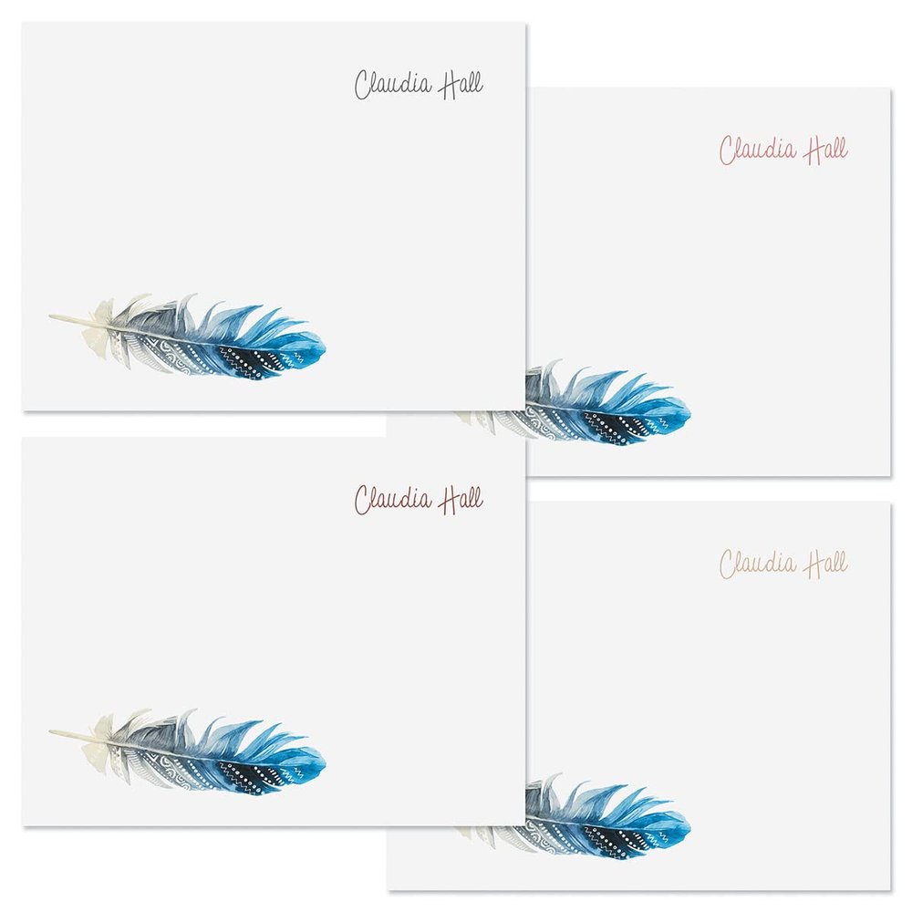 Current Boho Feather Personalized Note Cards - 24 Cards with White Envelopes, 4 x 5 Inch Size, Blank Stationery, Add Names or Text, For Thank You Notes, Invitations, & Announcements