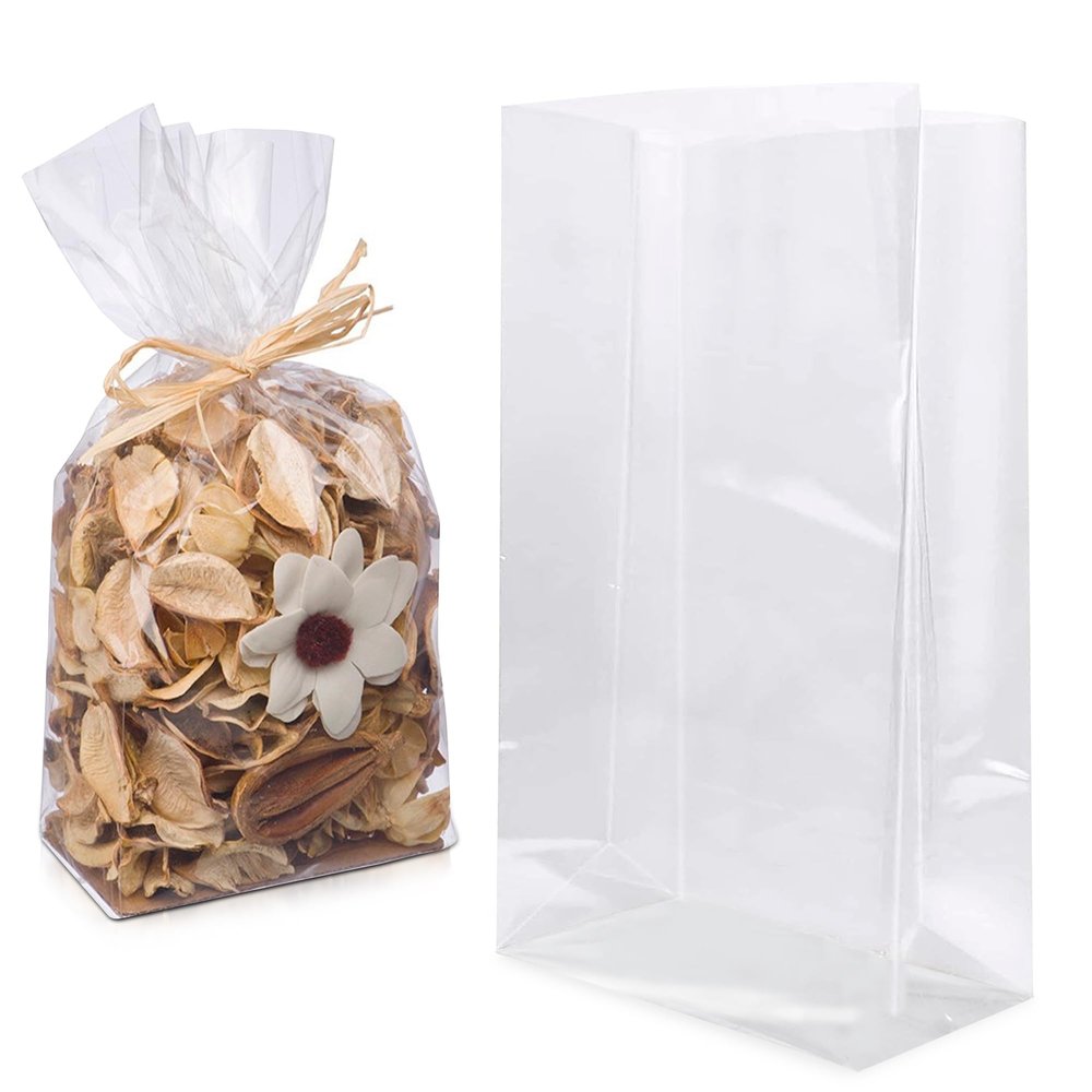 APQ Clear Gusseted Poly Bags, 8 x 3 x 20 Inch. Pack of 100 Gusseted Plastic Bags 1 Mil Thick for Favors with Open Top. Clear Plastic Bags for Packaging Cookies, Popcorn, Candies, Homemade Bread
