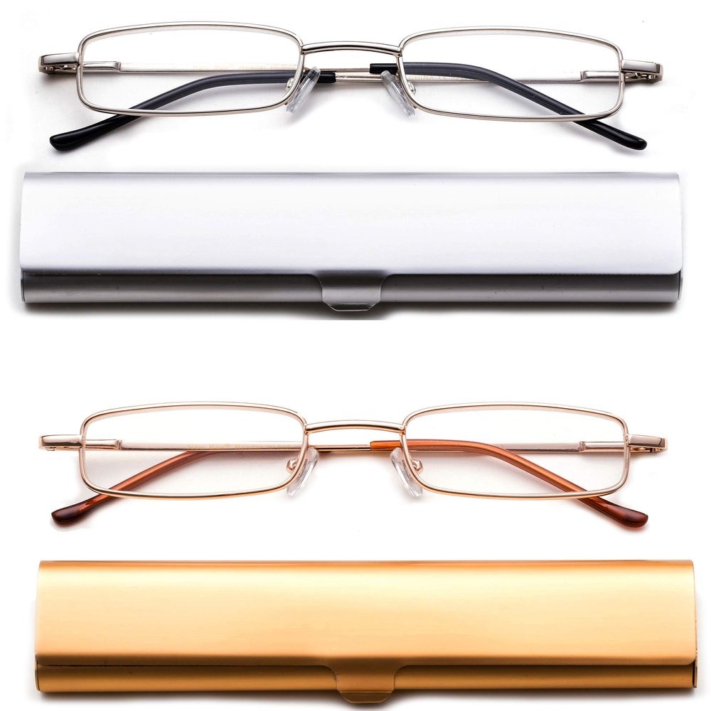 2 Pack Reading Glasses in Aluminum Case - Front Open Rectangle Metal Compact Slim Lightweight Glasses 1.00 Magnification
