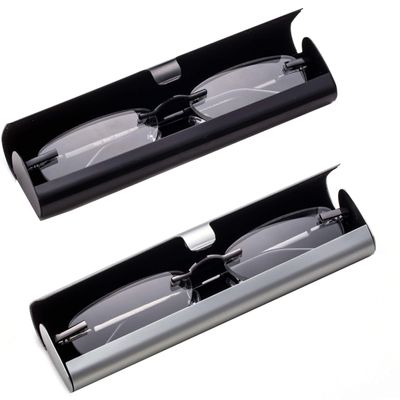 2 Pairs Reading Glass in Hard Case Super Lightweight Aluminum Front Open Case on the Go Rimless Reading Glasses 4.00 Stylish Reading Glasses for Men Women