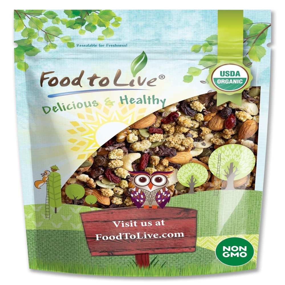 Food to Live - Organic Raw Munchies Snack Mix, 1 Pound - Raw and Non-GMO Snack Mix Contains Cacao Nibs, Raisins, Almonds, Cashews, Walnuts, Goji Berries, Mulberries, Pumpkin Seeds