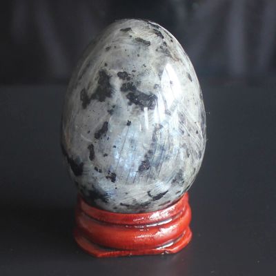 40x30mm Mixed Gemstone Rose Quartz Crystal Egg with Wood Stand Home Decor (larvikite)