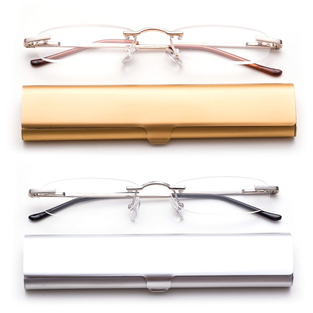 2 Pairs Reading Glass in Hard Case Super Lightweight Aluminum Front Open Case on the Go Rimless Reading Glasses 1.00 Stylish Reading Glasses for Men Women