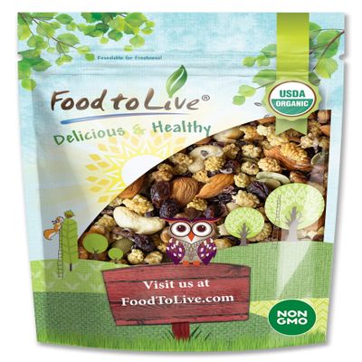 Food to Live Organic Snack Wise Trail Mix, 8 Ounces  Raw and Non-GMO Contains Cacao Nibs, Raisins, Almonds, Cashews, Walnuts, Mulberries, Pumpkin Seeds. Vegan Superfood, Kosher, No Added Sugar, Bulk