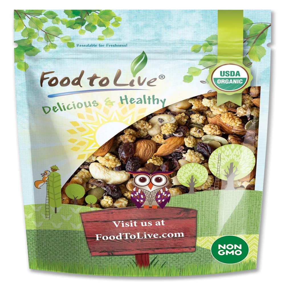 Food to Live Organic Snack Wise Trail Mix, 8 Ounces  Raw and Non-GMO Contains Cacao Nibs, Raisins, Almonds, Cashews, Walnuts, Mulberries, Pumpkin Seeds. Vegan Superfood, Kosher, No Added Sugar, Bulk