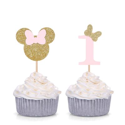 First Birthday Party Picks - Pink and Gold Baby Girl Birthday Cupcake Toppers Cake Appetizer Decorations - Set of 24