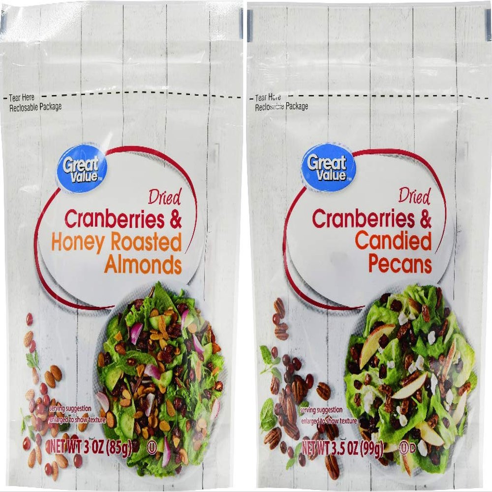 Great Value Salad Topper Variety pack: 1 Dried Cranberries & Candied Pecans and 1 Dried Cranberries & Honey Roasted Almonds