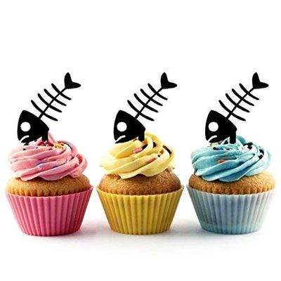 Fish Bone Silhouette Acrylic Cupcake Toppers 12 pcs