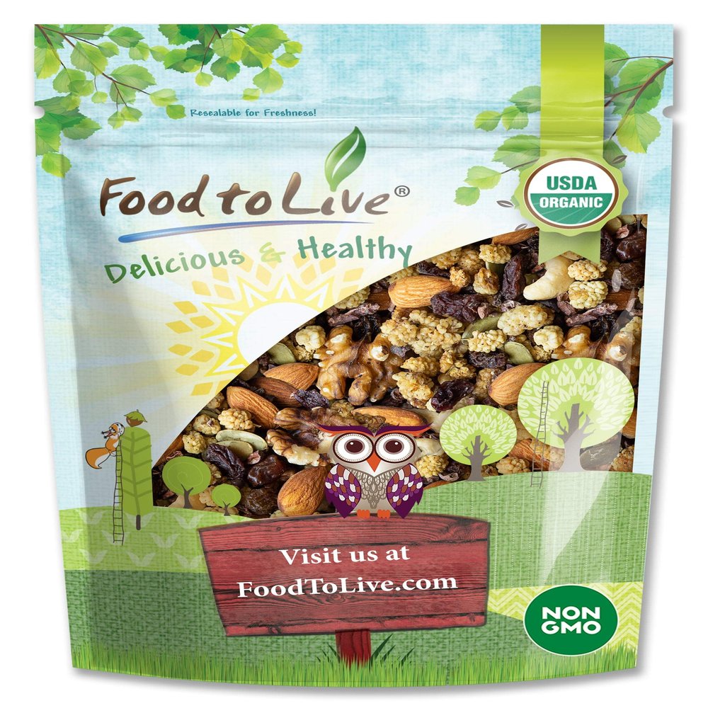 Food to Live - Organic Snack Wise Trail Mix, 4 Pounds Raw, Non-GMO, Mix Contains Cacao Nibs, Raisins, Almonds, Cashews, Walnuts, Mulberries, Pumpkin Seeds. Vegan, Kosher, No Added Sugar, Bulk