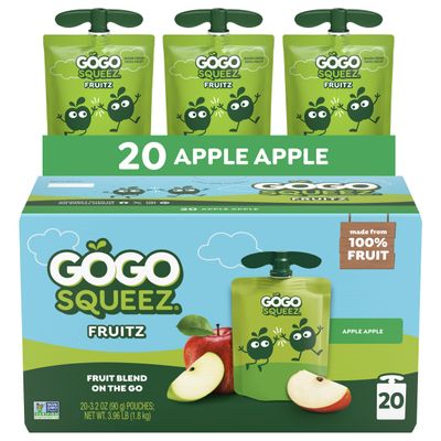 GoGo squeeZ Fruit on the Go, Apple Apple, 3.2 oz (Pack of 20), Unsweetened Fruit Snacks for Kids, Gluten Free, Nut Free, and Recloseable Cap, BPA Free Pouches (Packaging May Vary)