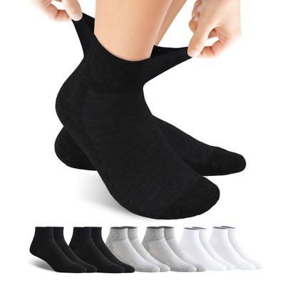 Forcool 6 Pairs Diabetic Women's Men's Non Binding Loose Top Soft Ankle Low Cut Cotton Diabetic Socks with Seamless Toe, Medium Black Gray White