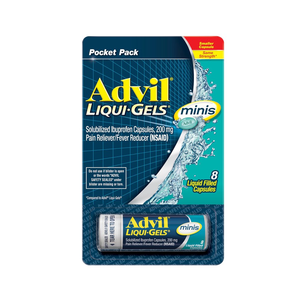Advil Liqui-Gels minis Pain Reliever and Fever Reducer, Pain Medicine for Adults with Ibuprofen 200mg for Pain Relief - 8 Liquid Filled Capsules