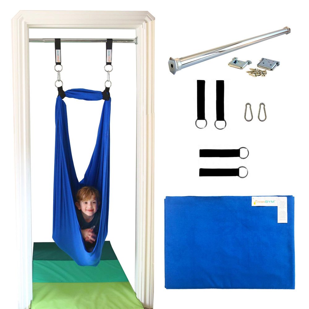 DreamGYM Doorway Sensory Swing - Supports 220lbs, Steel Bar Secured by Brackets - 95% Cotton Compression Swing for Self-Regulation (Blue)