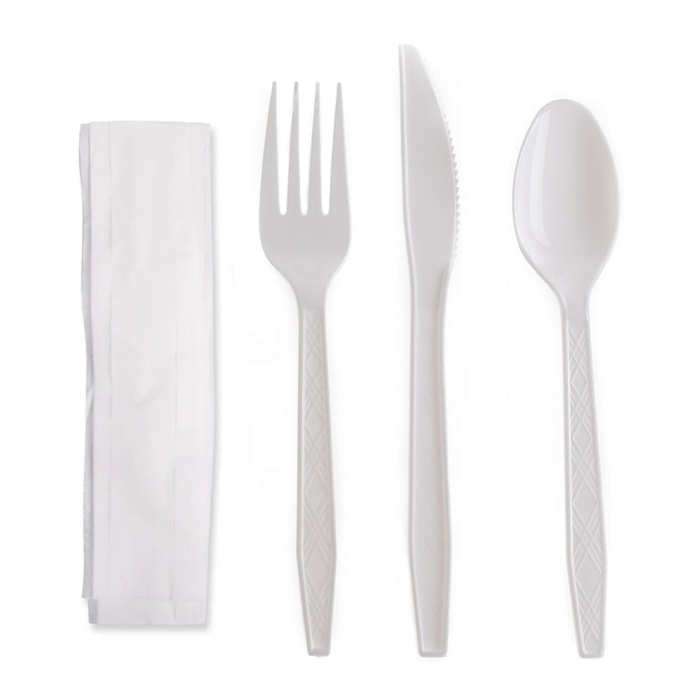 [1500] Disposable Wrapped White Heavy Duty Cutlery Kit 4 in 1 - Fork/Spoon/Knife/Napkin - Disposable Cutlery Kit, Perfect for Lunch, Meal Prep, On the Go, To go, Catering and Restaurants