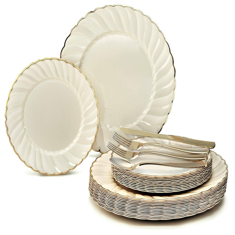 " OCCASIONS " 150pcs set (25 Guests)-Vintage Wedding Party Disposable Dinnerware Set Plastic Plates & Silverware w/double fork -10.25'', 7.5'' (Blossom Ivory & Gold Rim)