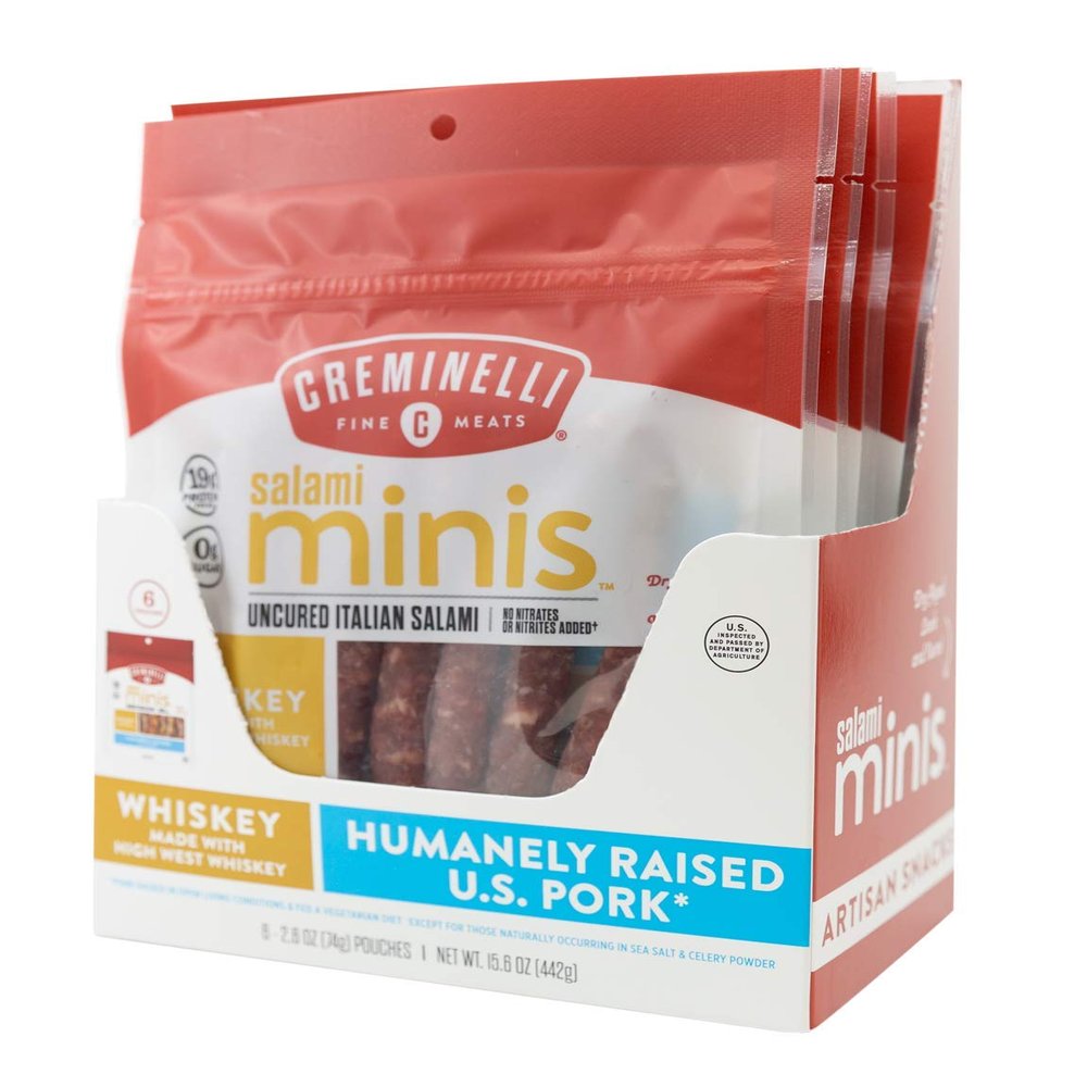 Creminelli Whiskey Salami Minis, (6 count, 2.6oz), Humanely Raised Pork*, No Added Nitrates or Nitrites, No Artificial Ingredients, Gluten Free, Keto & Paleo Friendly Snacks, 19g Protein Per Pouch, 0g Sugar**