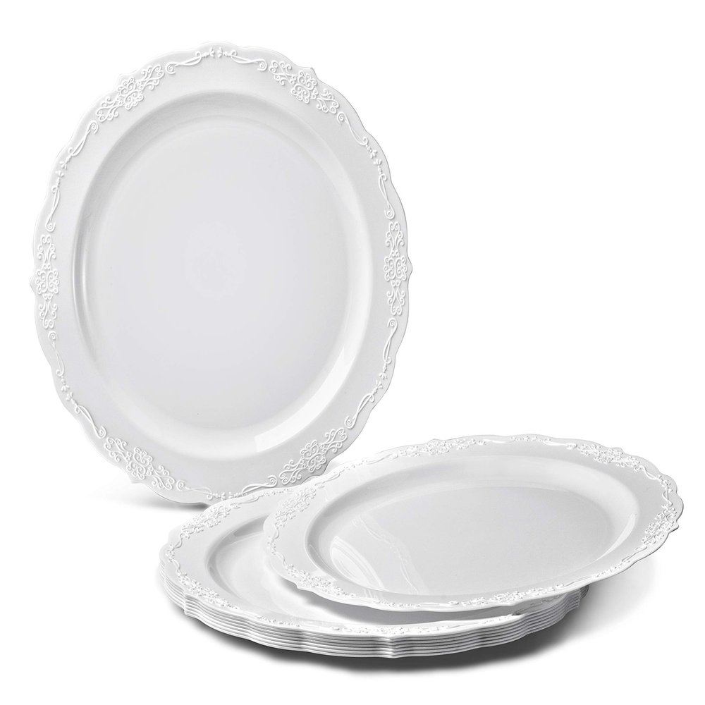 OCCASIONS 720 Pcs set (120 guest) Wedding Disposable Plastic Plate and Silverware Combo 10" + 7.5" + Silverware (Double Fork) (Verona in White, Silver Silverware)