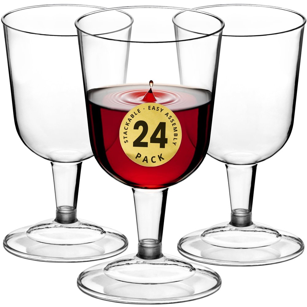 DecorRack 24 Wine Glasses, 6 Oz -BPA Free- Plastic Party Wine Cups, Perfect for Outdoor Parties, Weddings, Picnics, Stackable, Reusable, Disposable, Stemmed (Pack of 24)