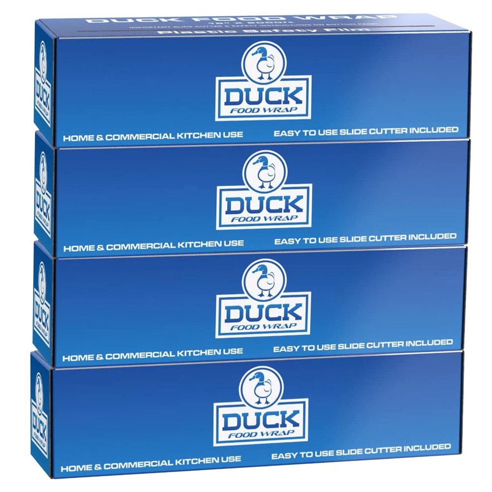 Duck Food Safety Film, 18 inch x 2000ft Plastic Wrap, Commercial Grade, Great for Sealing and Storage, Used for Food Service Industry, Easy to Use Slide Cutter for Clean Cut Use (4 Box)