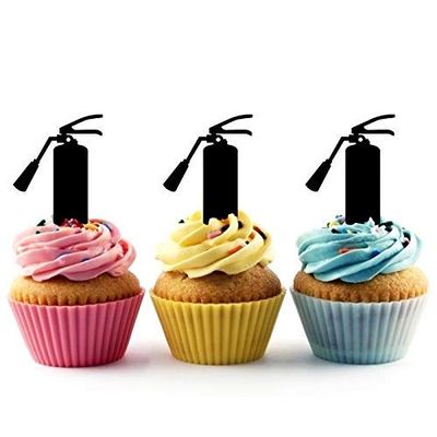 Fire Extinguisher Firefighter Equipment Silhouette Acrylic Cupcake Toppers 12 pcs