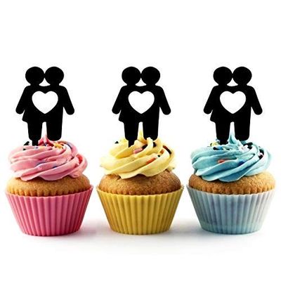 Couple Love Heart Silhouette Acrylic Cupcake Toppers 12 pcs