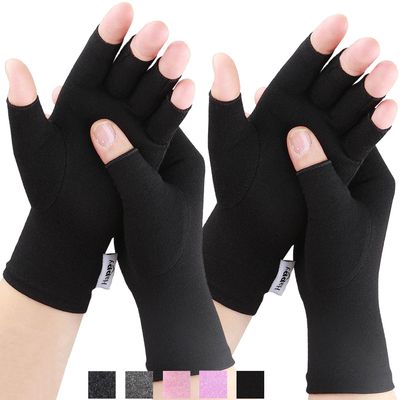 2 Pairs Arthritis Compression Gloves for Arthritis, Rheumatoid, Carpal Tunnel Pain, Driving, Typing Fingerless Gloves For Women Men, Support Hand, Wrist and Joint (Pure Black, Large)