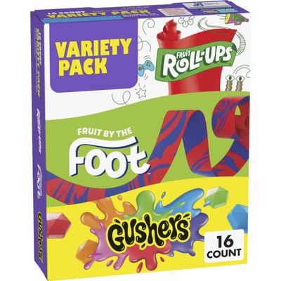 Fruit by the Foot Snacks Variety Pack - Fruit Roll-Ups, Gushers, Gluten Free Gummy Kids Snack, Good Source of Vitamin C, 16 Individually Wrapped Pouches, Perfect for On The Go, 10.2 oz Box