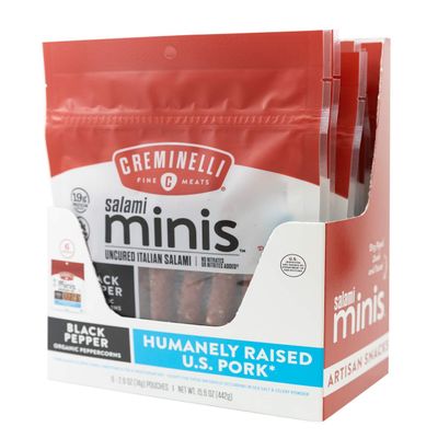 Creminelli Black Pepper Salami Minis, (6 count, 2.6oz), Humanely Raised Pork*, No Added Nitrates or Nitrites, No Artificial Ingredients, Gluten Free, Keto & Paleo Friendly Snacks, 19g Protein Per Pouch, 0g Sugar**