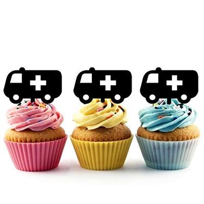 Ambulance Emergency Car Silhouette Acrylic Cupcake Toppers 12 pcs