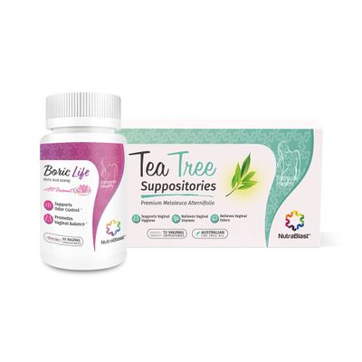 NutraBlast Boric Acid Suppositories 600mg (30 Count) Bundle with Tea Tree Oil Suppositories (12 Count) | All Natural Intimate Deodorant for Women | Restore Feminine pH Balance