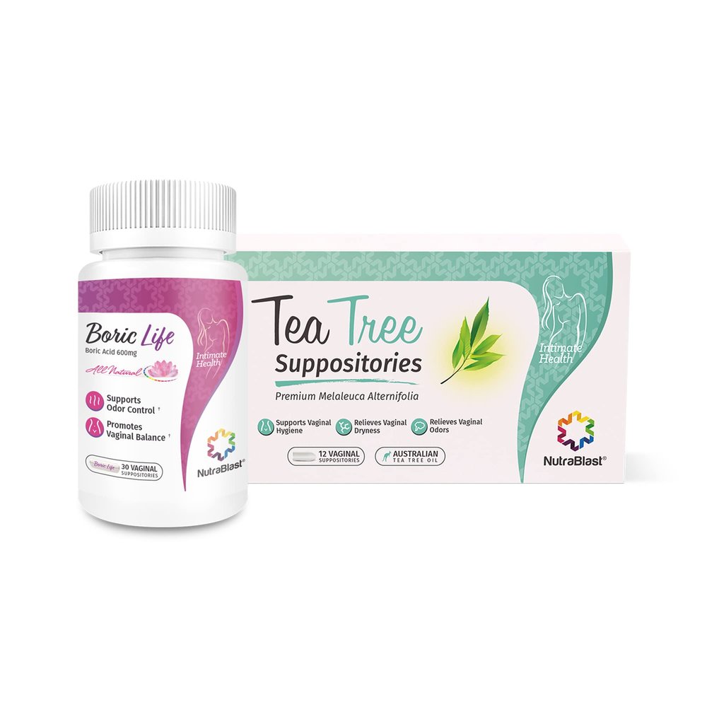 NutraBlast Boric Acid Suppositories 600mg (30 Count) Bundle with Tea Tree Oil Suppositories (12 Count) | All Natural Intimate Deodorant for Women | Restore Feminine pH Balance