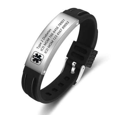 LanM Medical Alert Bracelets for Men Medical Bracelet for Women Silicone Medical ID Bracelet Type 1 Diabetes Bracelet Medical Alert Bracelet (Black 2)