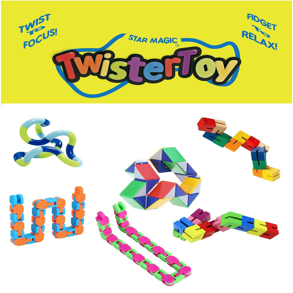 Fidget Sensory Kit 6 Piece Twisters Sensory Stimulation Twist to Focus Pack Including Genuine Tangle Jr Snake Cube Fidget Puzzle Snap N Click Wacky Track Fidgets Wooden Snake Fidget Puzzle