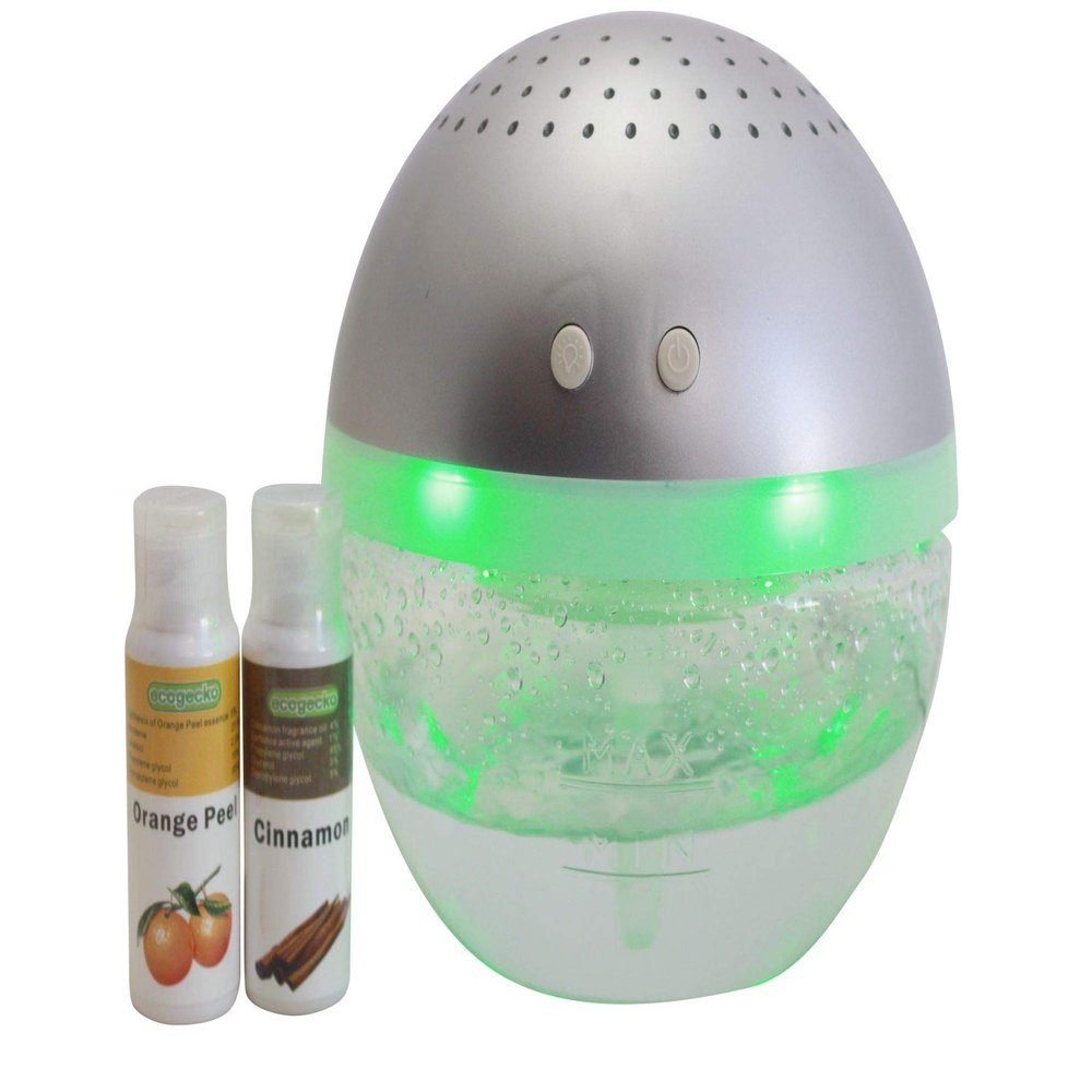 EcoGecko Magic Ball, Light Up Air Revitalizer, Air Freshener, Room Aromatizer, Aroma and Essential Oil Diffuser with Orange Peel, Cinnamon Oils, 2 Bottle 30ml Each, Silver