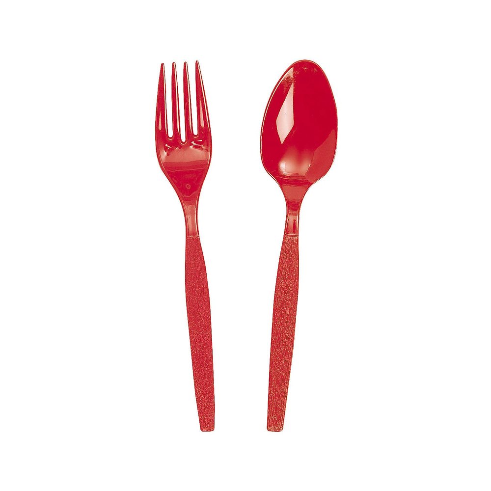 Fun Express - Red Fork/Spoon Plastic Cutlery Set - Party Supplies - Solid Tableware - Cutlery - 16 Pieces