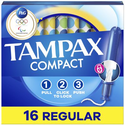 Tampax Compact Pearl Tampons, with LeakGuard Braid & Extendable Applicator, Regular Absorbency, Compact Extendable Applicator, Unscented, 16 Count (Packaging May Vary)