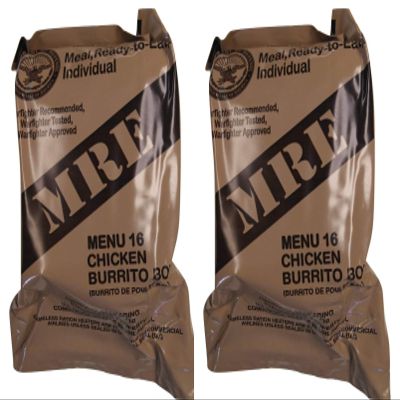 TWO (2) NEW MRE's 2020 - 2021 1st Insp. date - US Military Meals Ready-to-Eat w/FREE DESSERT! (Two 16's - Chicken Burrito Bowl)
