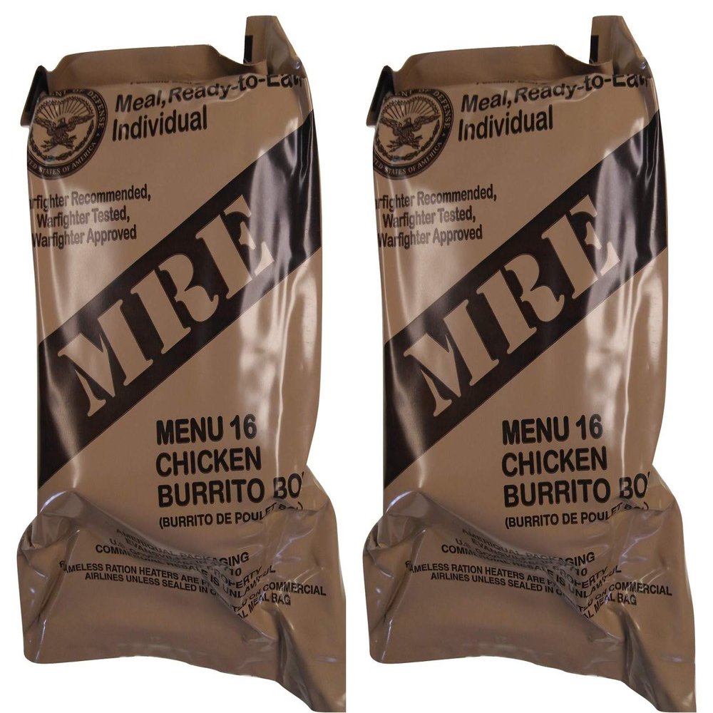 TWO (2) NEW MRE's 2020 - 2021 1st Insp. date - US Military Meals Ready-to-Eat w/FREE DESSERT! (Two 16's - Chicken Burrito Bowl)