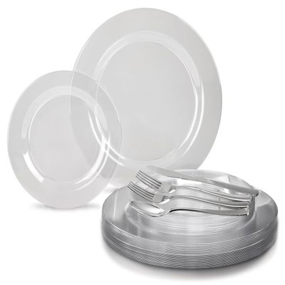" OCCASIONS " 150pcs set (25 Guests)-Wedding Plastic Plates & cutlery -Disposable heavyweight Dinnerware 10.5'', 7.5'' + Silverware w/double fork (Clear Plates, Silver Silverware)
