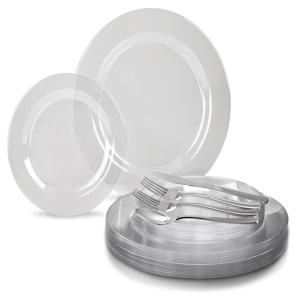 " OCCASIONS " 150pcs set (25 Guests)-Wedding Plastic Plates & cutlery -Disposable heavyweight Dinnerware 10.5'', 7.5'' + Silverware w/double fork (Clear Plates, Silver Silverware)